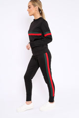 Black Side Stripe Crew Neck Loungewear Set - Danyela-Loungewear