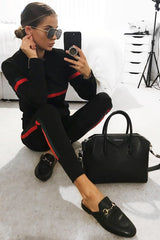 Black Side Stripe Crew Neck Loungewear Set - Danyela-Loungewear