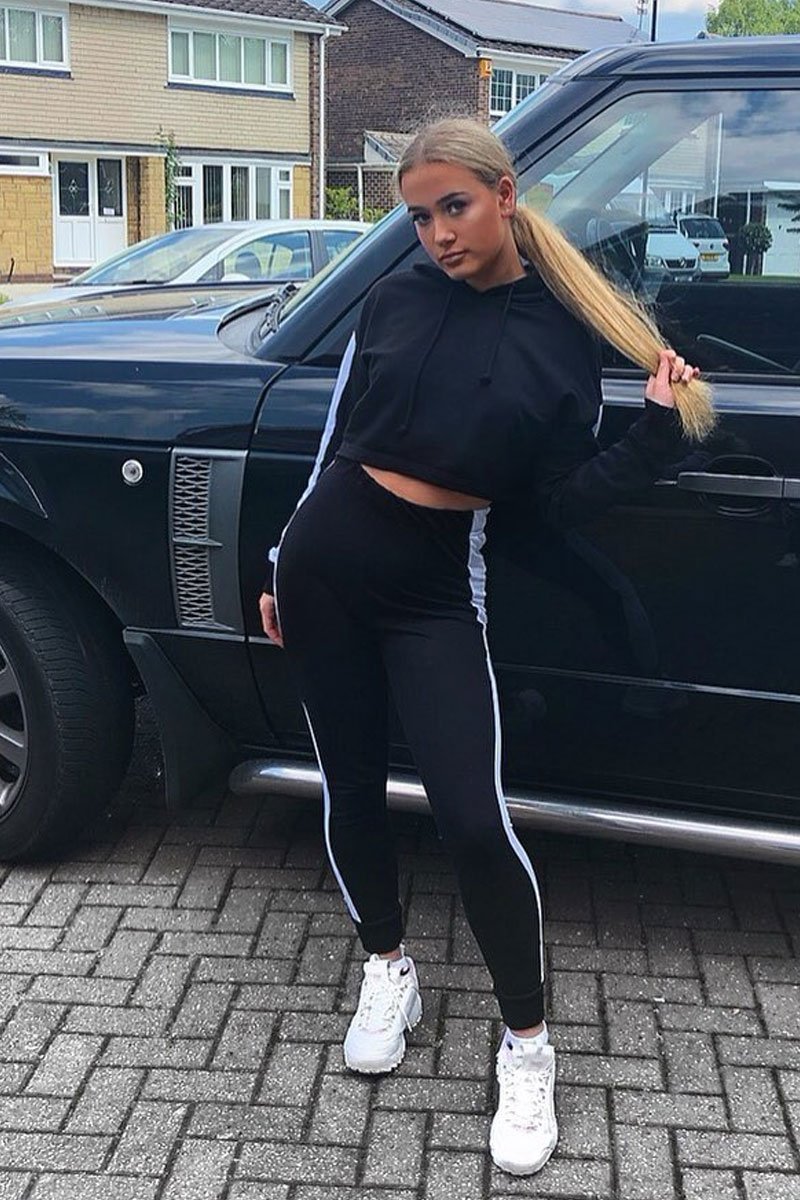 Black Side Stripe Cropped Hoodie and Jogger Set - Darshi-Tracksuits