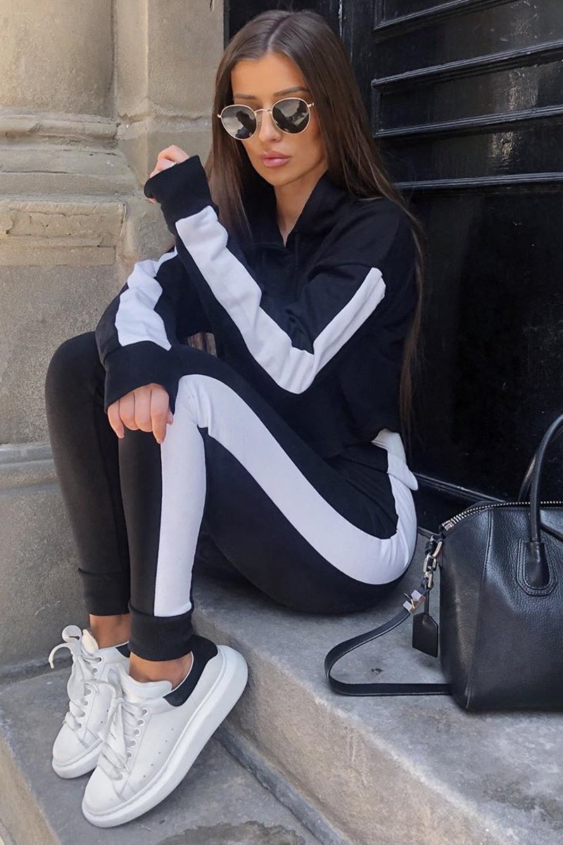 Black Side Stripe Cropped Hoodie and Jogger Set - Darshi-Tracksuits