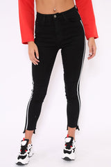 Black Side Stripe Dip Hem Skinny Jeans - Tinlee-Jeans