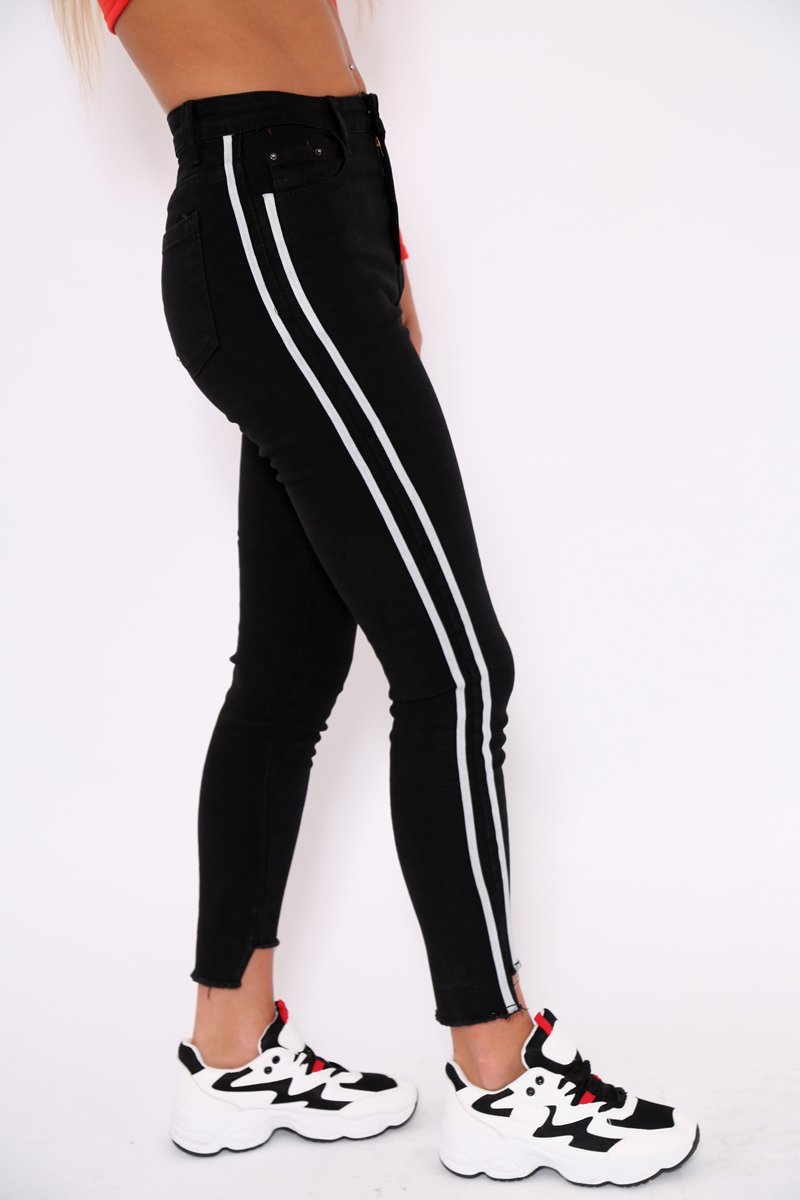 Black Side Stripe Dip Hem Skinny Jeans - Tinlee-Jeans