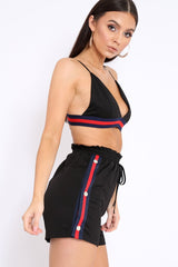 Black Side Stripe Popper Shorts and Bralet Co-Ord - Tommie-Co-ords