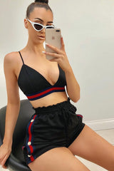 Black Side Stripe Popper Shorts and Bralet Co-Ord - Tommie-Co-ords