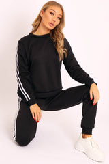 Black Side Stripe Sweater and Joggers Tracksuit - Jilliana-Tracksuits