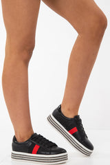 Black Side Stripe Trainers with Diamante Platform Sole - Latia-Trainers