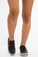 Black Side Stripe Trainers with Diamante Platform Sole - Latia-Trainers