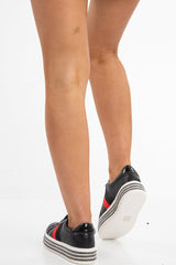 Black Side Stripe Trainers with Diamante Platform Sole - Latia-Trainers