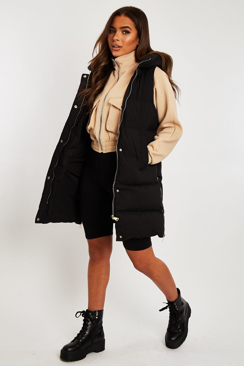 Black Side Zip Long Sleeveless Puffer Coat - Priyah-Coats
