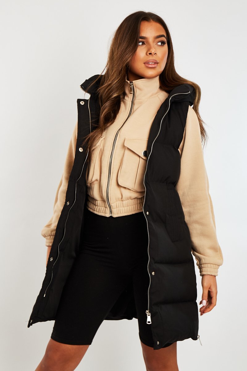 Black Side Zip Long Sleeveless Puffer Coat - Priyah-Coats