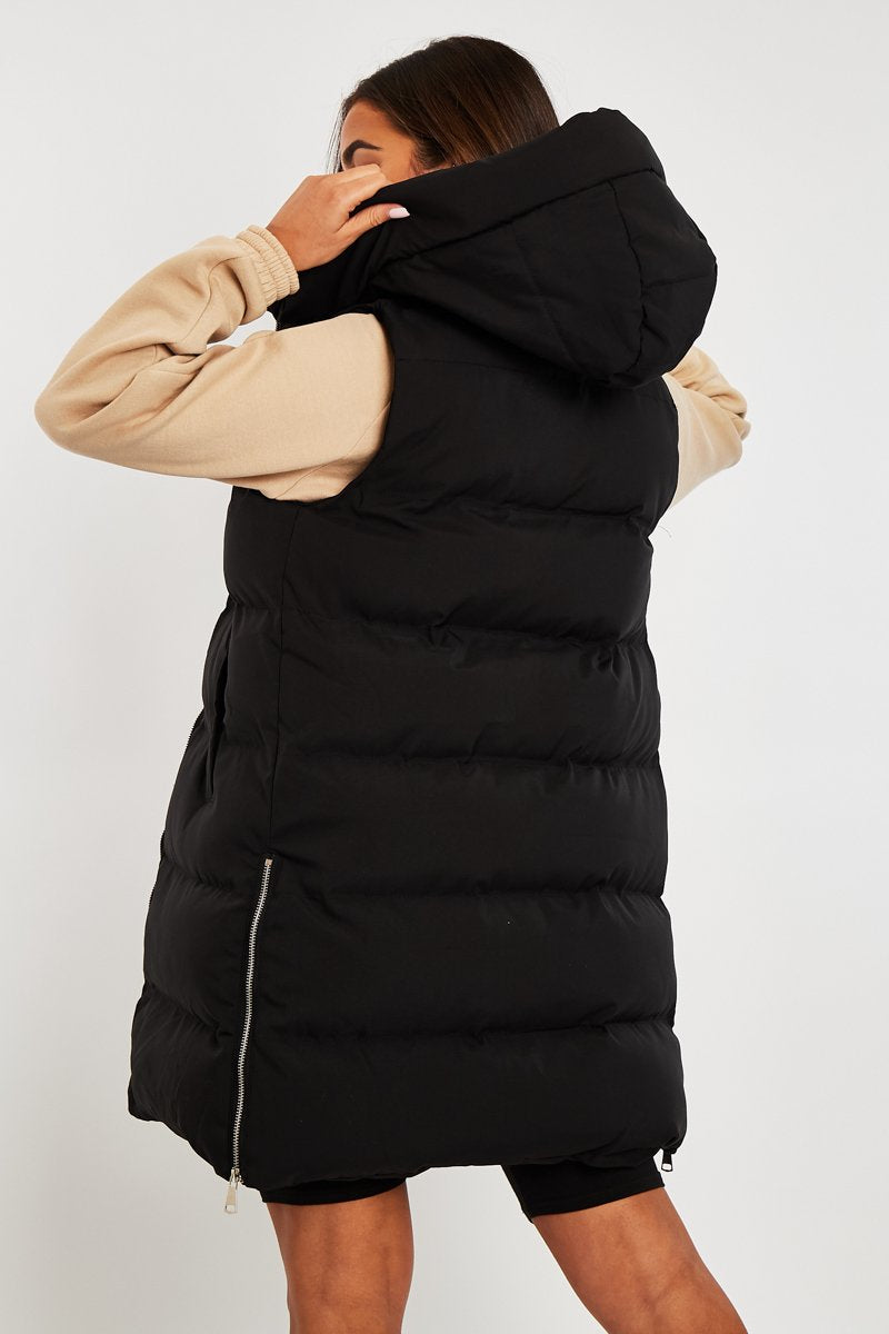 Black Side Zip Long Sleeveless Puffer Coat - Priyah-Coats
