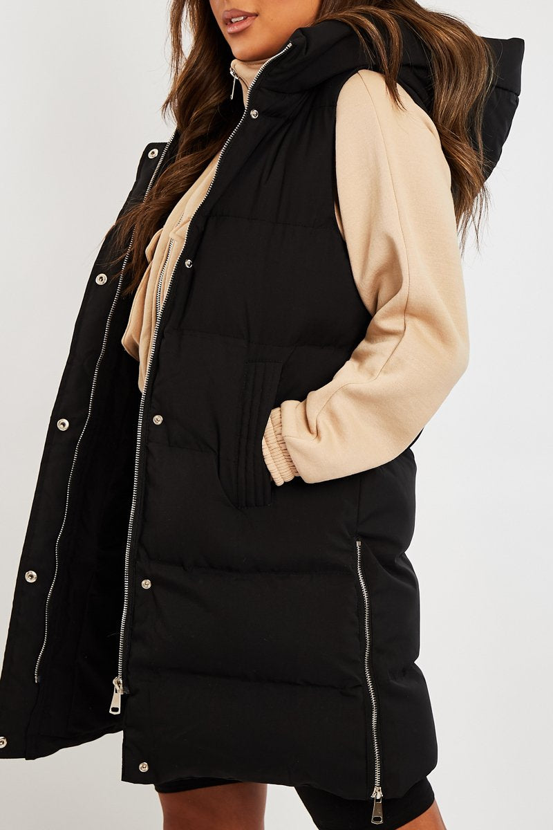 Black Side Zip Long Sleeveless Puffer Coat - Priyah-Coats