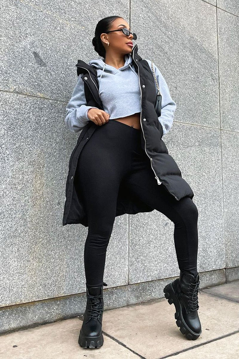 Black Side Zip Long Sleeveless Puffer Coat - Priyah-Coats