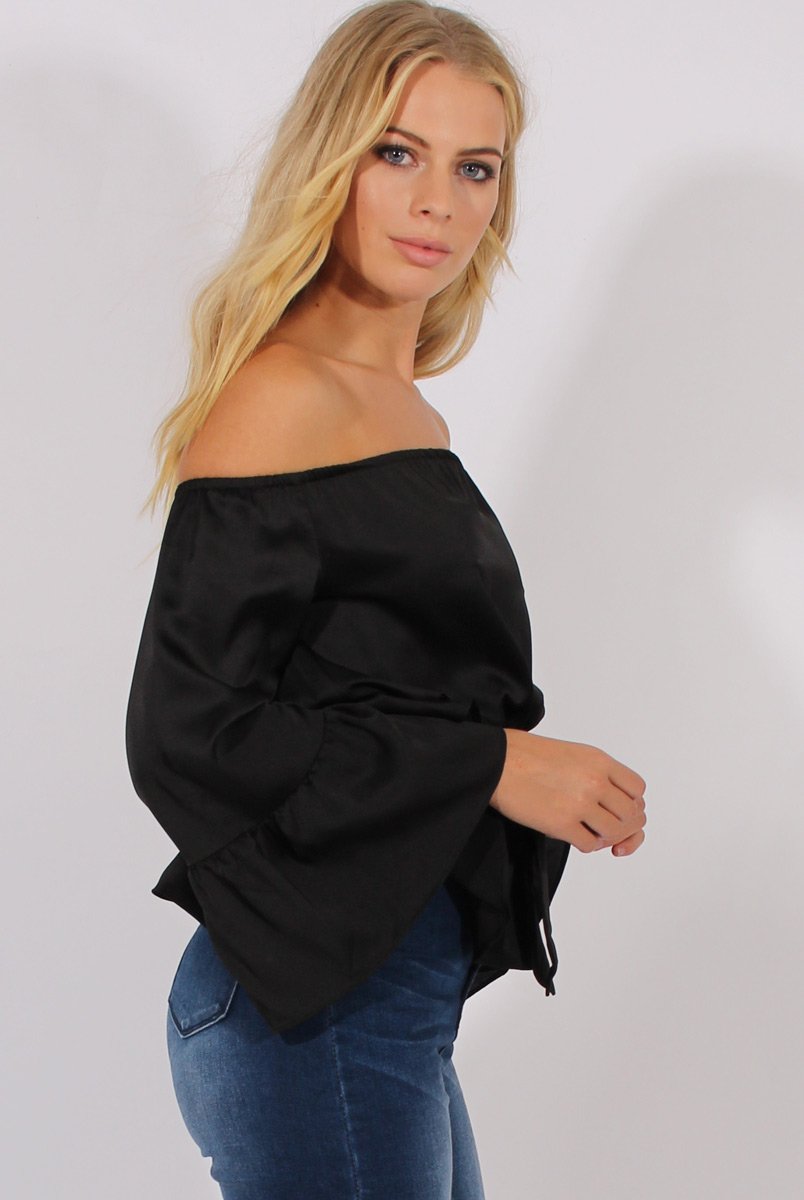 Black Silk Bardot Bell Sleeves Top - Fawn-Tops