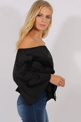 Black Silk Bardot Bell Sleeves Top - Fawn-Tops