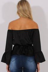 Black Silk Bardot Bell Sleeves Top - Fawn-Tops