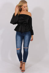 Black Silk Bardot Bell Sleeves Top - Fawn-Tops