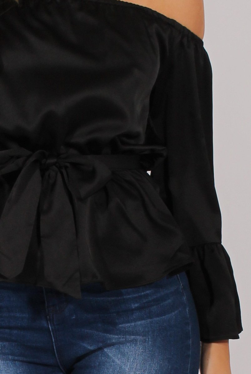 Black Silk Bardot Bell Sleeves Top - Fawn-Tops