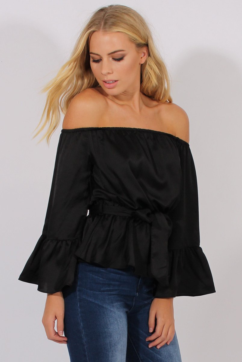 Black Silk Bardot Bell Sleeves Top - Fawn-Tops