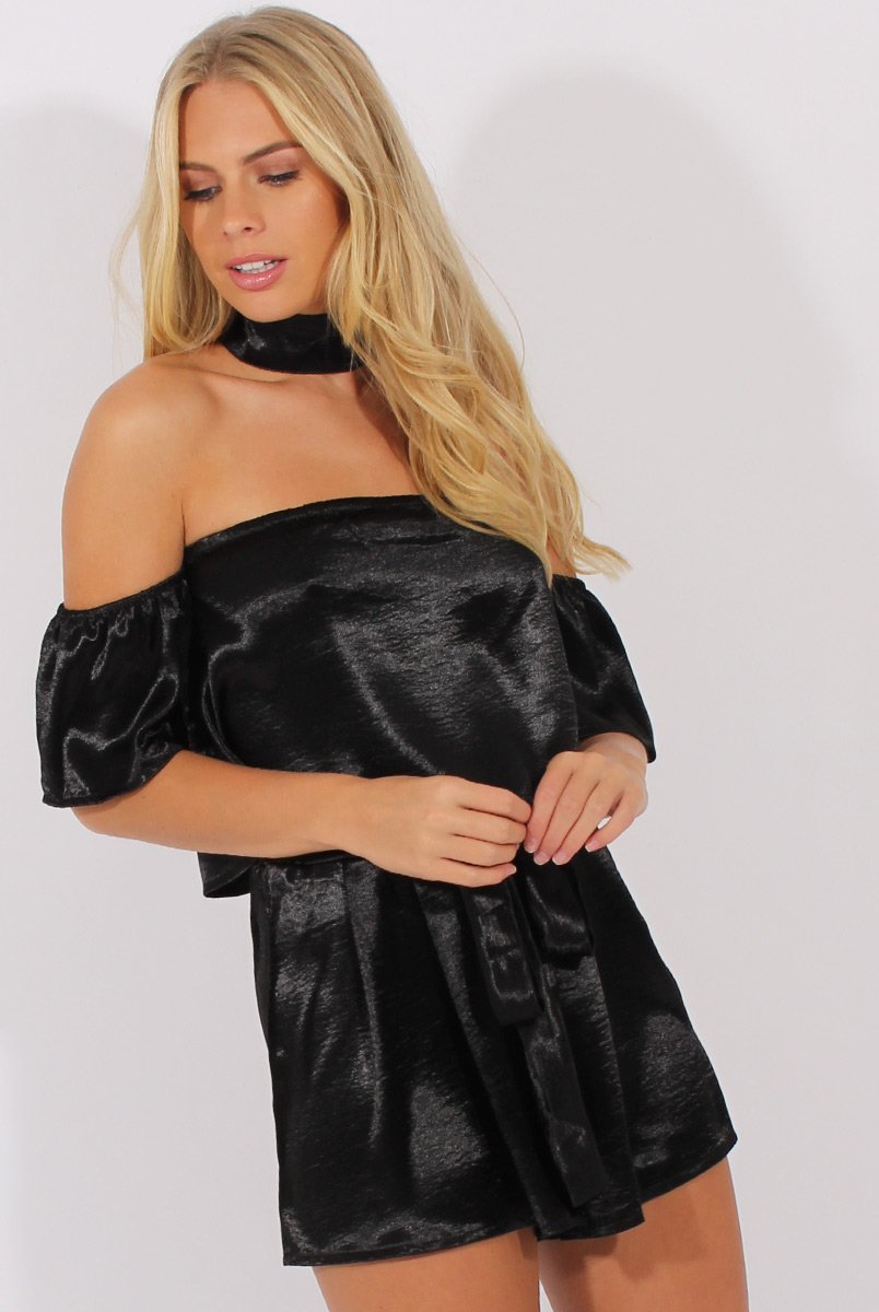 Black Silk Choker Bardot Co-ord - Cari-Co-ords