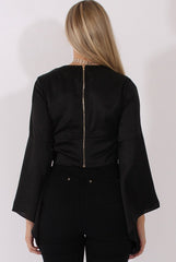 Black Silk Flare Sleeves Crop Top - Anise-Crop Tops