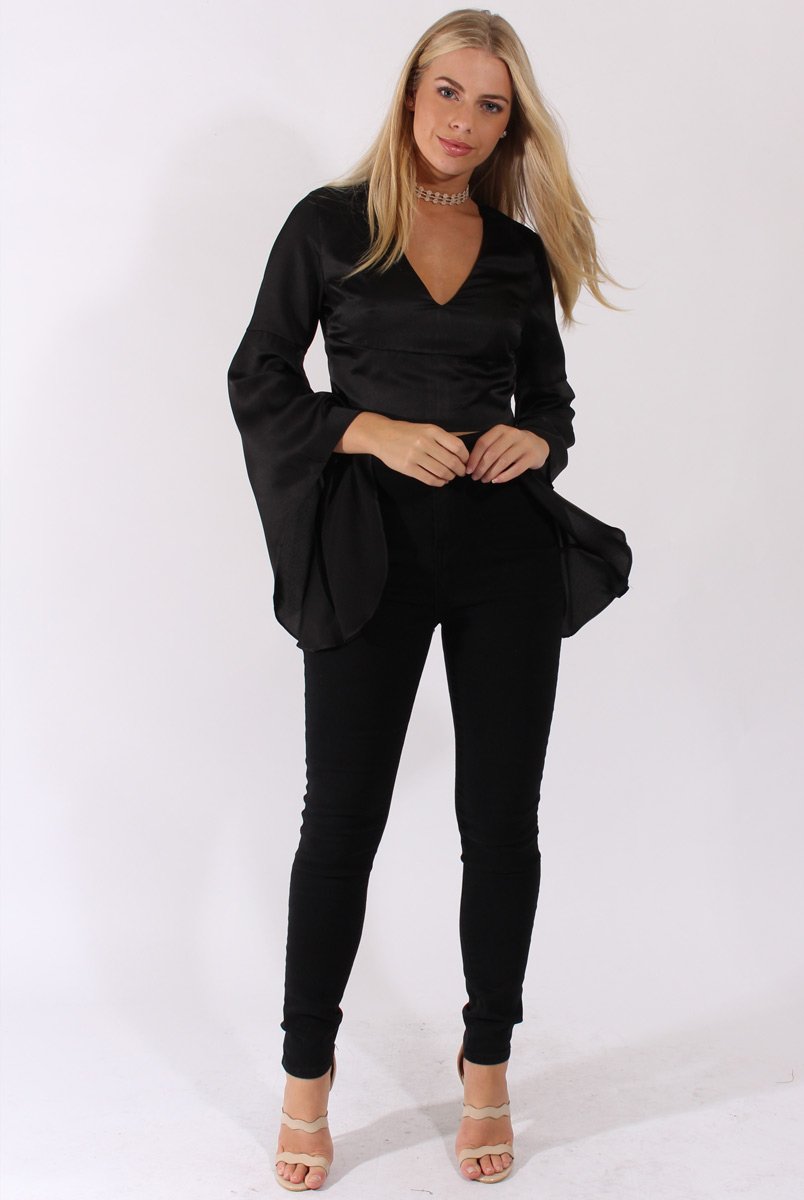 Black Silk Flare Sleeves Crop Top - Anise-Crop Tops