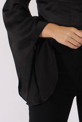 Black Silk Flare Sleeves Crop Top - Anise-Crop Tops