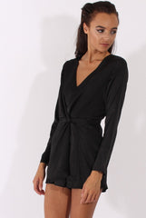 Black Silky Front Twist Playsuit - Venus-Playsuits