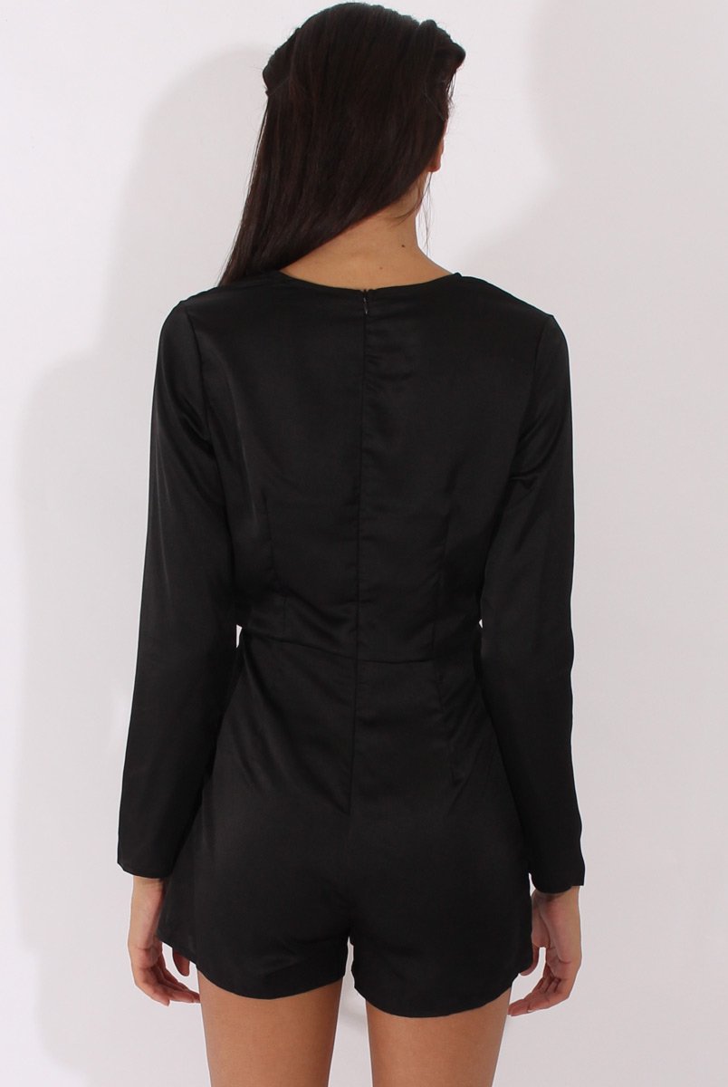 Black Silky Front Twist Playsuit - Venus-Playsuits