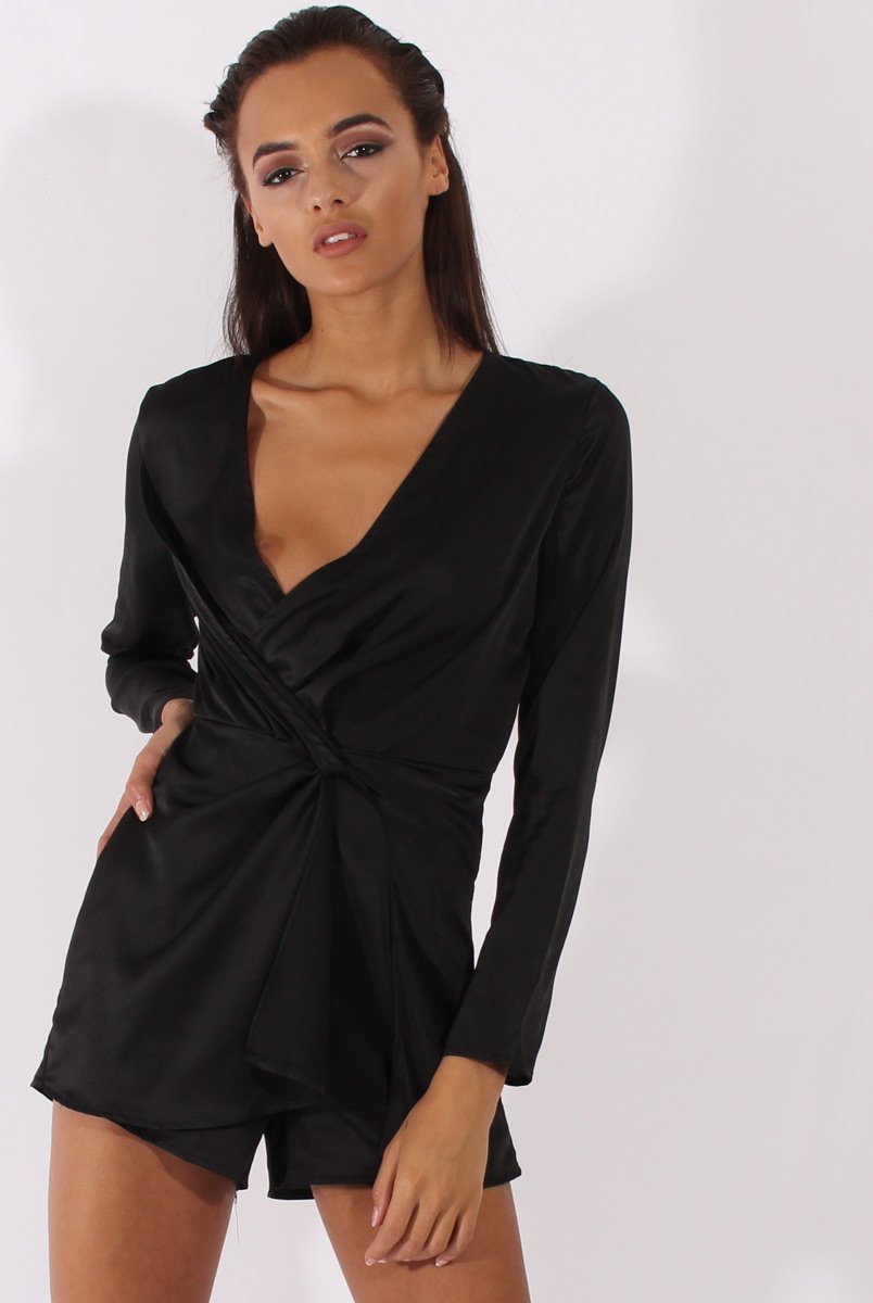 Black Silky Front Twist Playsuit - Venus-Playsuits