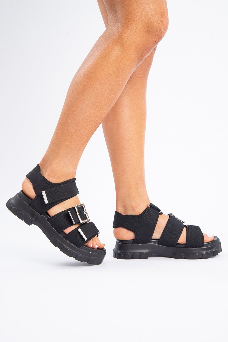 Black Silver Buckle Velcro Strap Chunky Sandals - Gaelle-Shorts