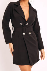 Black Silver Button Belted Blazer Dress - Hattie-Dresses