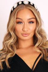 Black Silver Diamante Pearl Embellished Chunky Headband - Rye-Hair