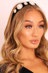 Black Silver Diamante Pearl Embellished Chunky Headband - Rye-Hair