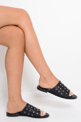 Black Silver Eyelet Sandals - Anjani-Sliders