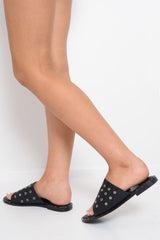 Black Silver Eyelet Sandals - Anjani-Sliders