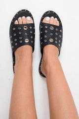 Black Silver Eyelet Sandals - Anjani-Sliders