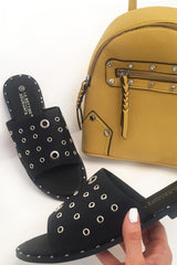 Black Silver Eyelet Sandals - Anjani-Sliders