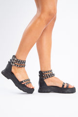 Black Silver Eyelet Triple Strap Sandal - Eeva-Shoes