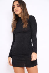 Black Silver Glitter High Neck Bodycon Dress - Azari-Dresses