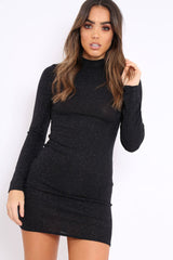 Black Silver Glitter High Neck Bodycon Dress - Azari-Dresses
