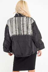 Black Silver Sequin Parka Denim Jacket - Dilara-Denim Jackets