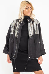 Black Silver Sequin Parka Denim Jacket - Dilara-Denim Jackets