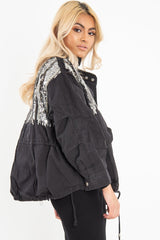 Black Silver Sequin Parka Denim Jacket - Dilara-Denim Jackets