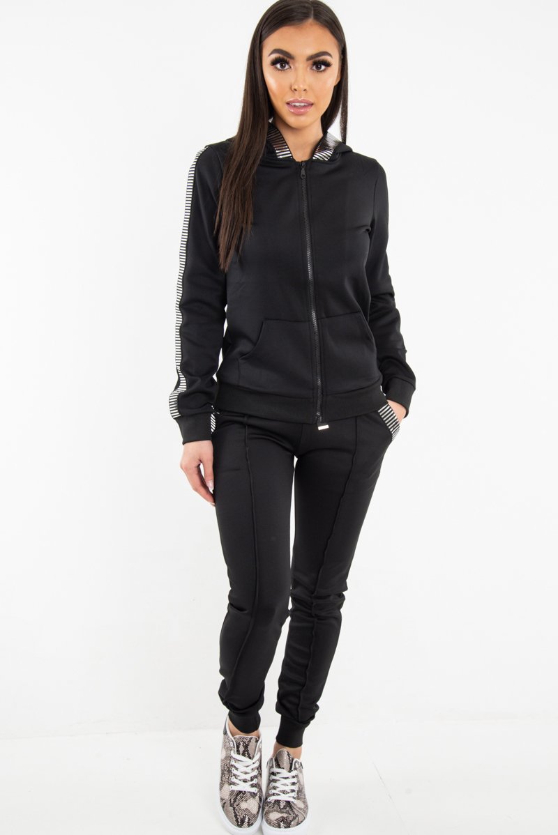 Black Silver Stripe Detail Hooded Tracksuit - Daelyn-Tracksuits