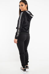 Black Silver Stripe Detail Hooded Tracksuit - Daelyn-Tracksuits