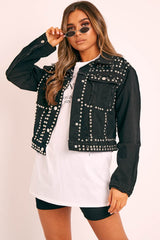 Black Silver Stud Detail Denim Jacket - Cherry-Jackets