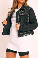 Black Silver Stud Detail Denim Jacket - Cherry-Jackets