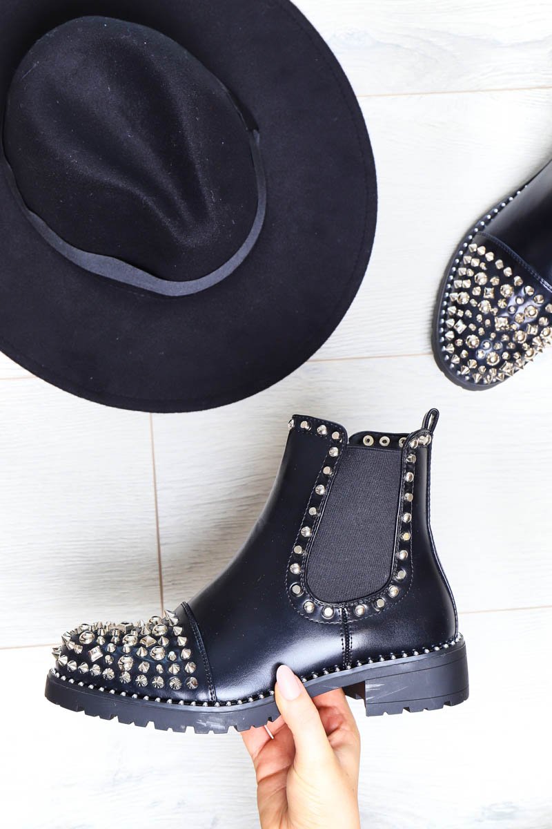 Black Silver Studded Chelsea Ankle Boot - Harini-Boots