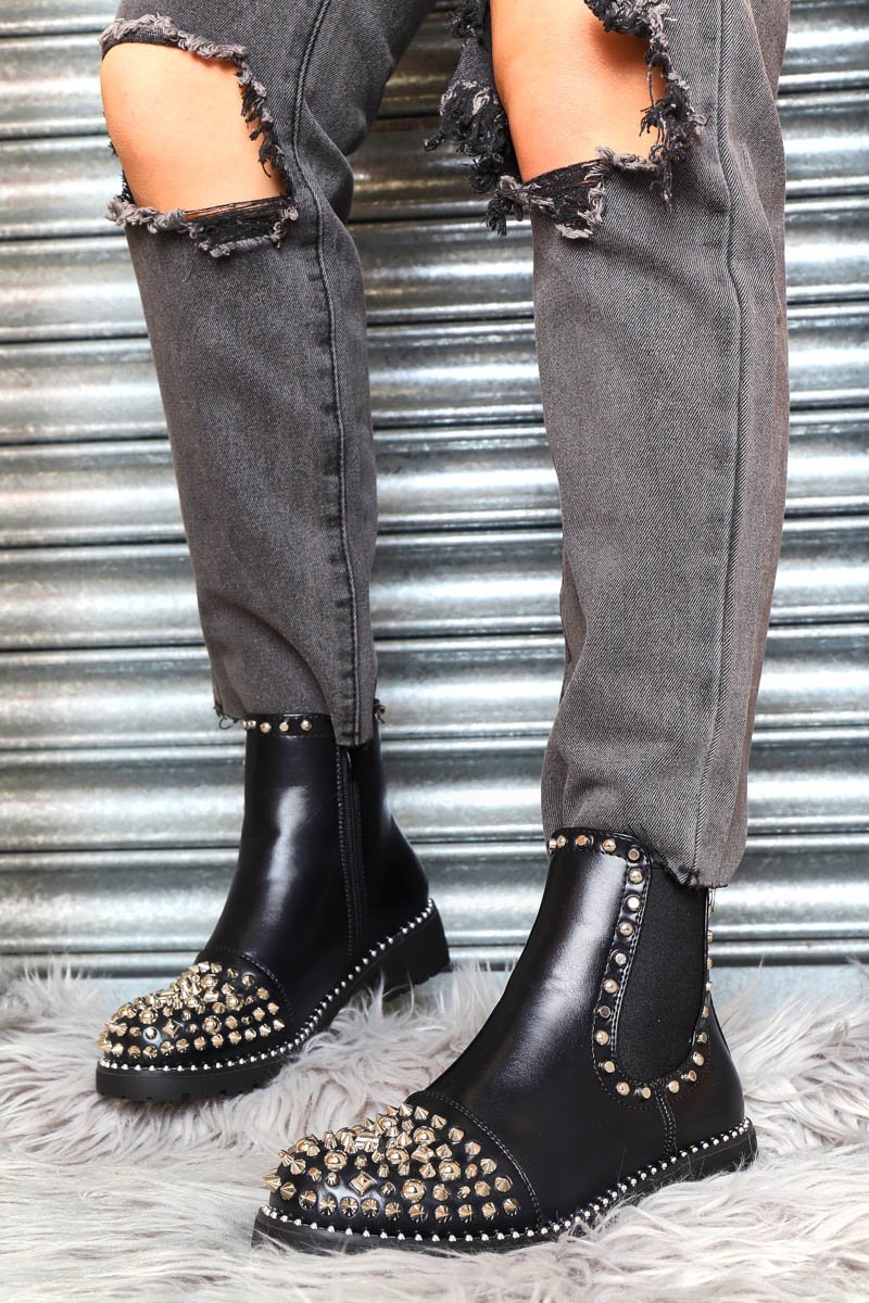 Black Silver Studded Chelsea Ankle Boot - Harini-Boots